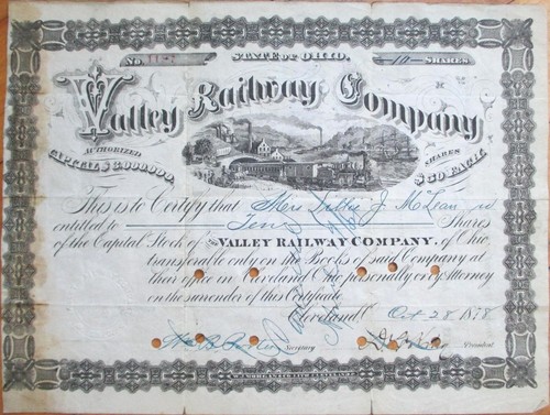 Valley Railway 1878 Stock Certificate, Cleveland OH Constable Sale Seized Stock