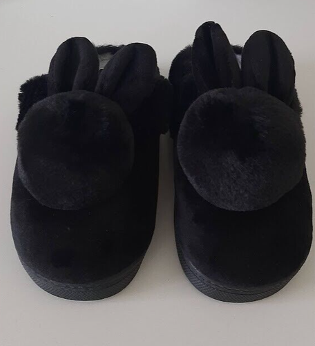 Bunny Ears Womens Plush Slippers Size 9 - 10 Fuzzy Black Gray 40-41 House shoes - Bild 2 von 9