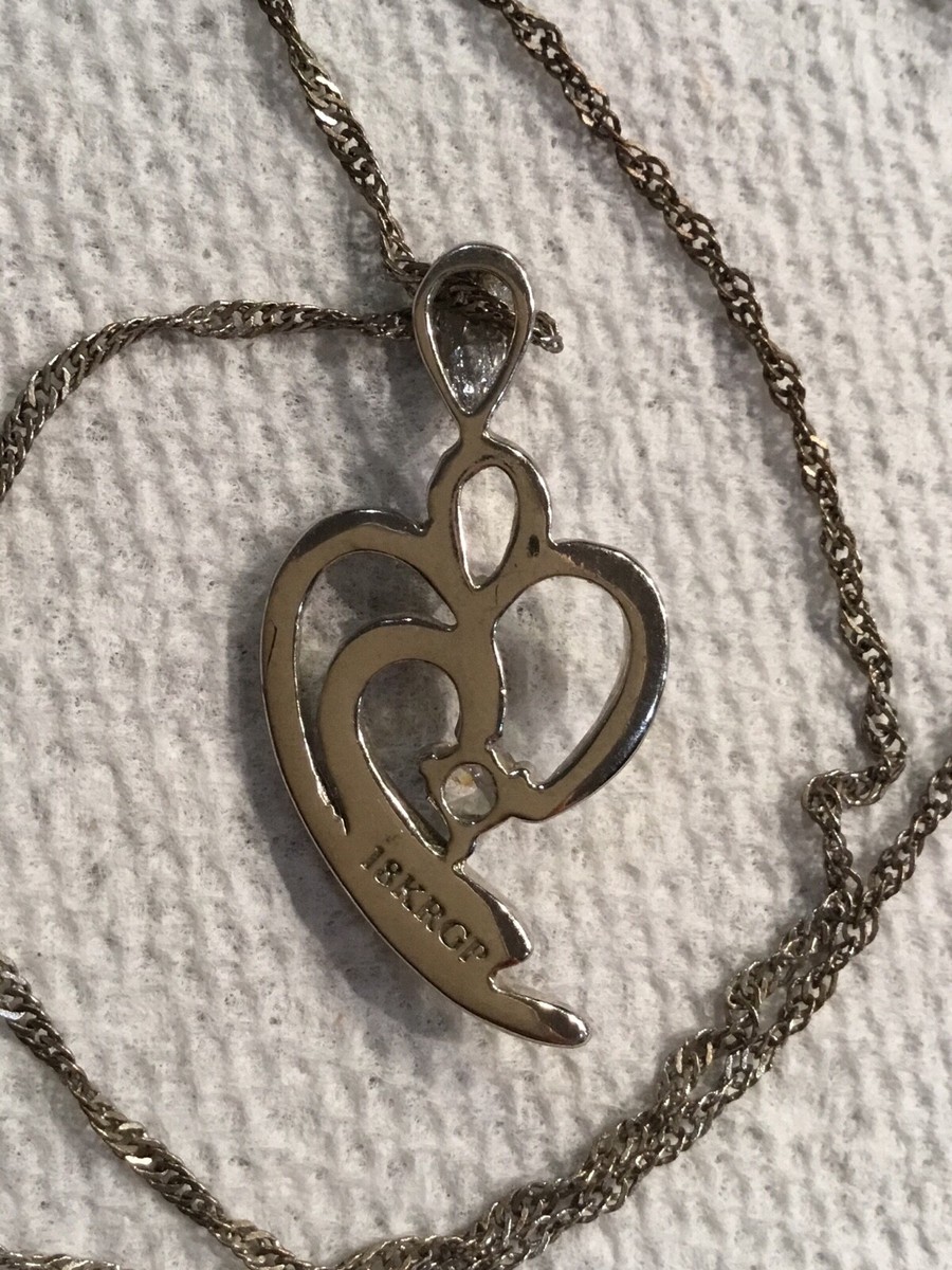 18KRGP Silver Tone Heart Pendant Necklace Clear Rhinestone 20” V9