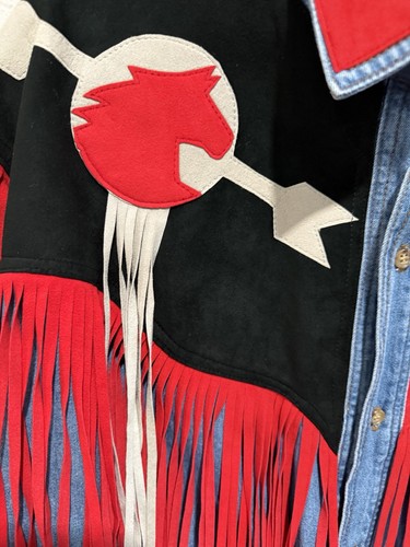 Camisa Roja Denim Abotonada Caballo Flecos Cuero Occidental Personalizada para Mujer Talla M - Imagen 2 de 9