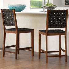 Brown Woven Bar Stool Set of 2 with Handwoven Seat, Solid Wood Frame, Footrest