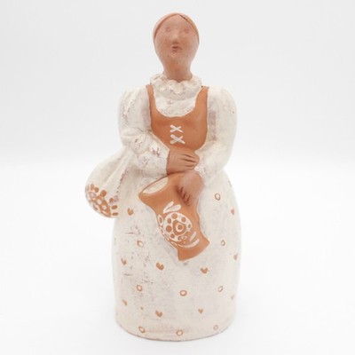 Signed 1999 Czech Folk Art Terra Cotta Woman 9  Statue, Rustic Clay Sculpture