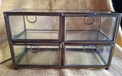 Vintage Clear Glass Brass Footed 4 Drawer Jewelry Trinket Box