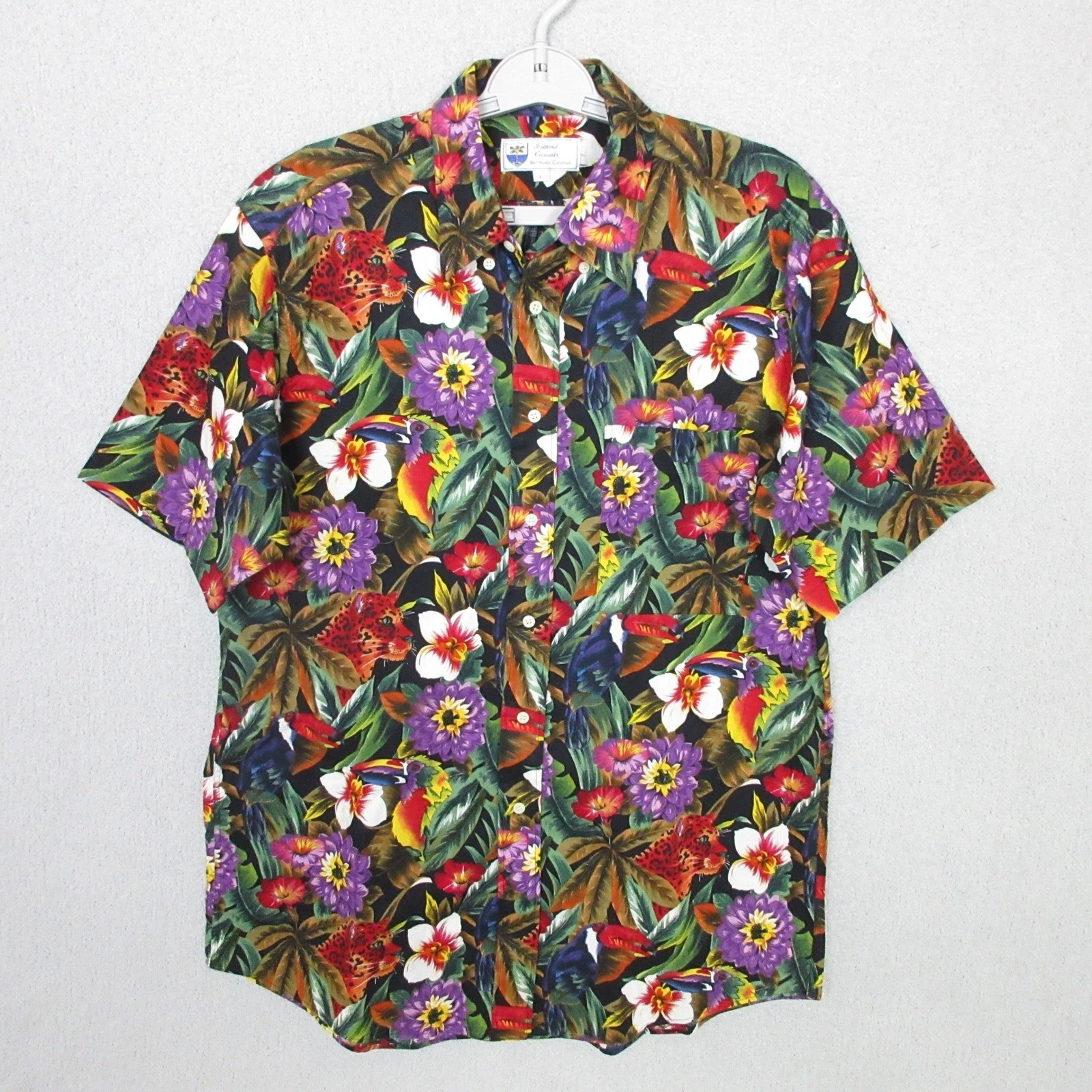 Island Casuals Men's Large Tropical Toucan Leopard Floral Button Down Shirt
