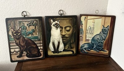 Vintage Set Of 3 Handcrafted Cat Art Wall Hanging Panels Plaque Unique