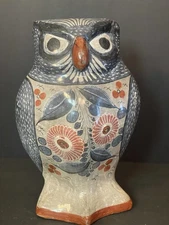 Vintage Mexican Tonala Pottery Owl Bird Signed P. Mateos Mexico Folk Art 9.5”