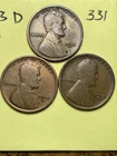 1911-D, 1912-D, 1913-D LINCOLN WHEAT CENT 3 COIN SET, VG condition, #331