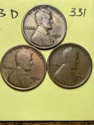 1911-D, 1912-D, 1913-D LINCOLN WHEAT CENT 3 COIN SET, VG condition, #331
