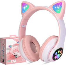 Kids Wireless Headphones Cat Ear LED Light up Bluetooth Foldable Headphones over