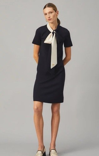 Tory Burch Short Sleeve Bow Sweater Dress Navy Blue, L