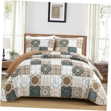 Quilt Set Size, Boho Plaid Patchwork Bedspreads Coverlet Set, 3 King Brown