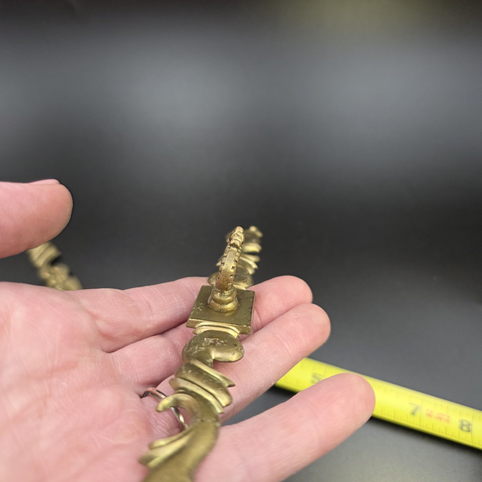 Vintage Ornate Brass Drawer Pulls Set of 3 ~ 7.75" Escutcheon Plates Ring Handle