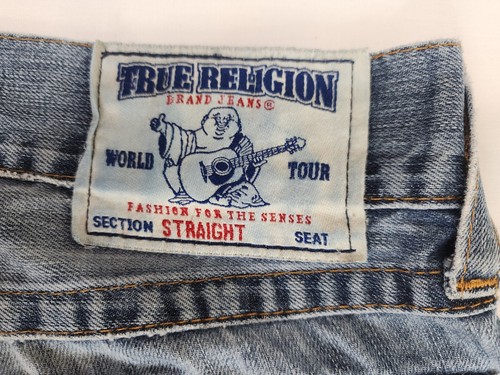 True Religion Jeans Men's 34x33 ACTUAL Straight Flaps Aged Denim DISTRESSED - Picture 9 of 13
