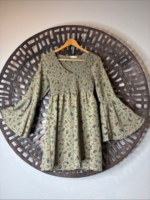   Cottagecore Babydoll Dress Smocked Bell Sleeve Prairie Dress Women s Medium 