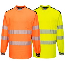 Mens Hi-Vis Cotton Comfort T-Shirt Long Sleeve Pocket Wicking 40+ UPF Fabric