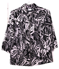 CHICO'S JACKET ladies size 2/M black white leaf print 3/4 sleeve zip front silky