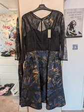Next Lace & Floral Dress Black Blue Metallic Size 14 BNWT 