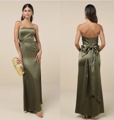 Lulus Absolutely Poised Olive Green Satin Strapless Bow Maxi Dress Sz Small