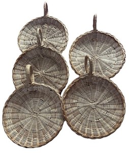VINTAGE BOHO WICKER RATTAN PLATE HOLDER- 1970s (5 Total) With HANDLE
