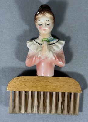 Vintage Enesco Japan Prayer Lady Crumb Brush Only Pink Ceramic Wood Mid Century