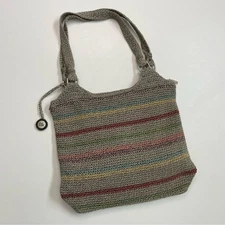 The Sak Purse Tote Belle Crocheted Travel Boho Bohemian Striped Rainbow Beige