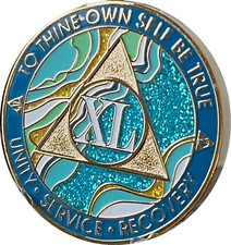 40 Year AA Medallion Elegant Marble Caribbean Aqua Glitter Blue Sobriety Chip
