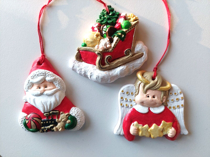 Handpainted Christmas Tree Ornaments Ceramic Santa Angel Red White lot Set