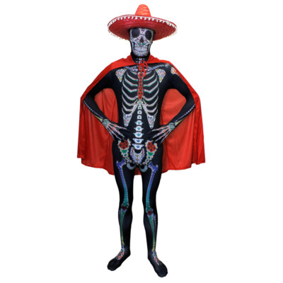 TAG DER TOTEN SENOR SKELETT HAUT ANZUG ROT UMHANG SOMBRERO HALLOWEEN KOSTÜM