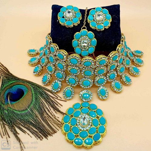 Collar de perlas indio Kundan pendientes Tikka Bollywood conjunto de joyas de novia - Imagen 18 de 23