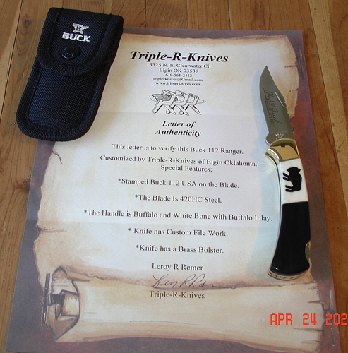 LEROY REMER CUSTOM BUCK KNIFE 112 RANGER BLACK BUFFALO HORN 2006 420HC BLADE USA - Picture 24 of 24