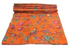 Cotton Indian Handmade Quilt Blanket Orange Kantha Bird Print King Coverlet