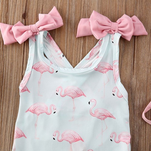NEW Girls Flamingo Ruffle Swimsuit Bathing Suit & Hat Set 2T 3T 4T 5T - Picture 2 of 9