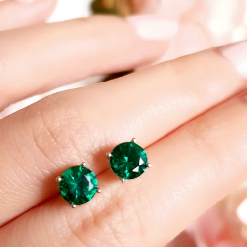 Orecchini a perno smeraldo tondo 1 ct, orecchino smeraldo verde muzo taglio tondo semplice 6 mm - Foto 1 di 6