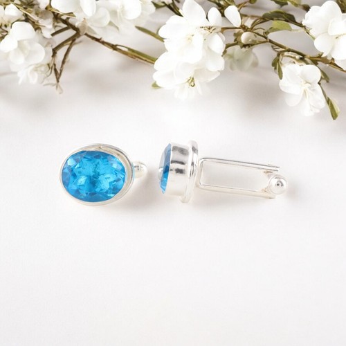 Swiss Blue Topaz Gemstone 925 Sterling Silver Jewelry Designer Cufflinks 0.59" - Picture 4 of 6