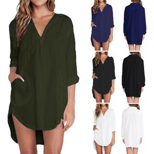Women-Asymmetrical-Casual-Shirt-Tops-V-Neck-Loose-High-Low-Mini-Dress-Blouse-US