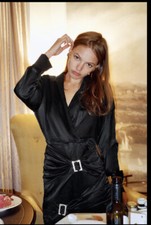 ZARA Women’s Medium Satin Mini Dress Black Long Sleeve Rhinestone Belt NWT