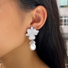 Silver Plated Cubic Zirconia Big Flower Long Drop Pearl Earrings Wedding Jewelry