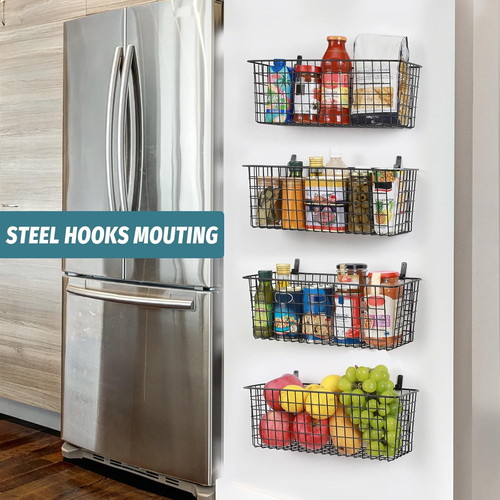 Extra Large Wall Mount Storage Baskets with Hooks - 4 Set, Black Metal Organizer - Picture 7 of 12