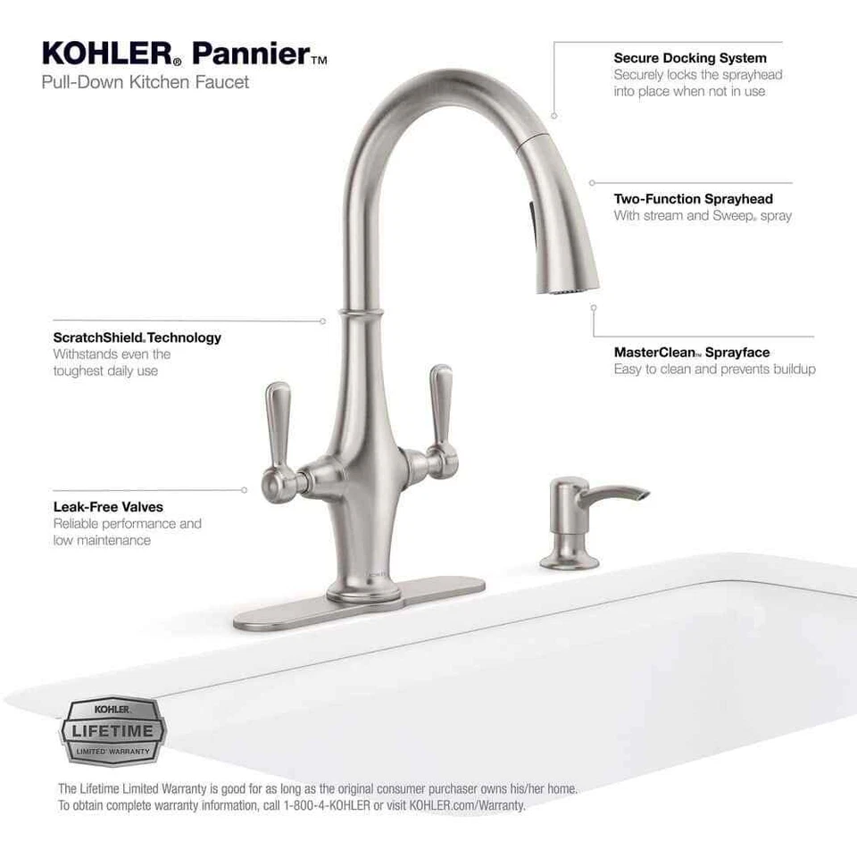 KOHLER Alforja Dos Manijas Pulverizador Pulverizador Grifo de Cocina en Acero Inoxidable Vibrante Foto 4 de 4