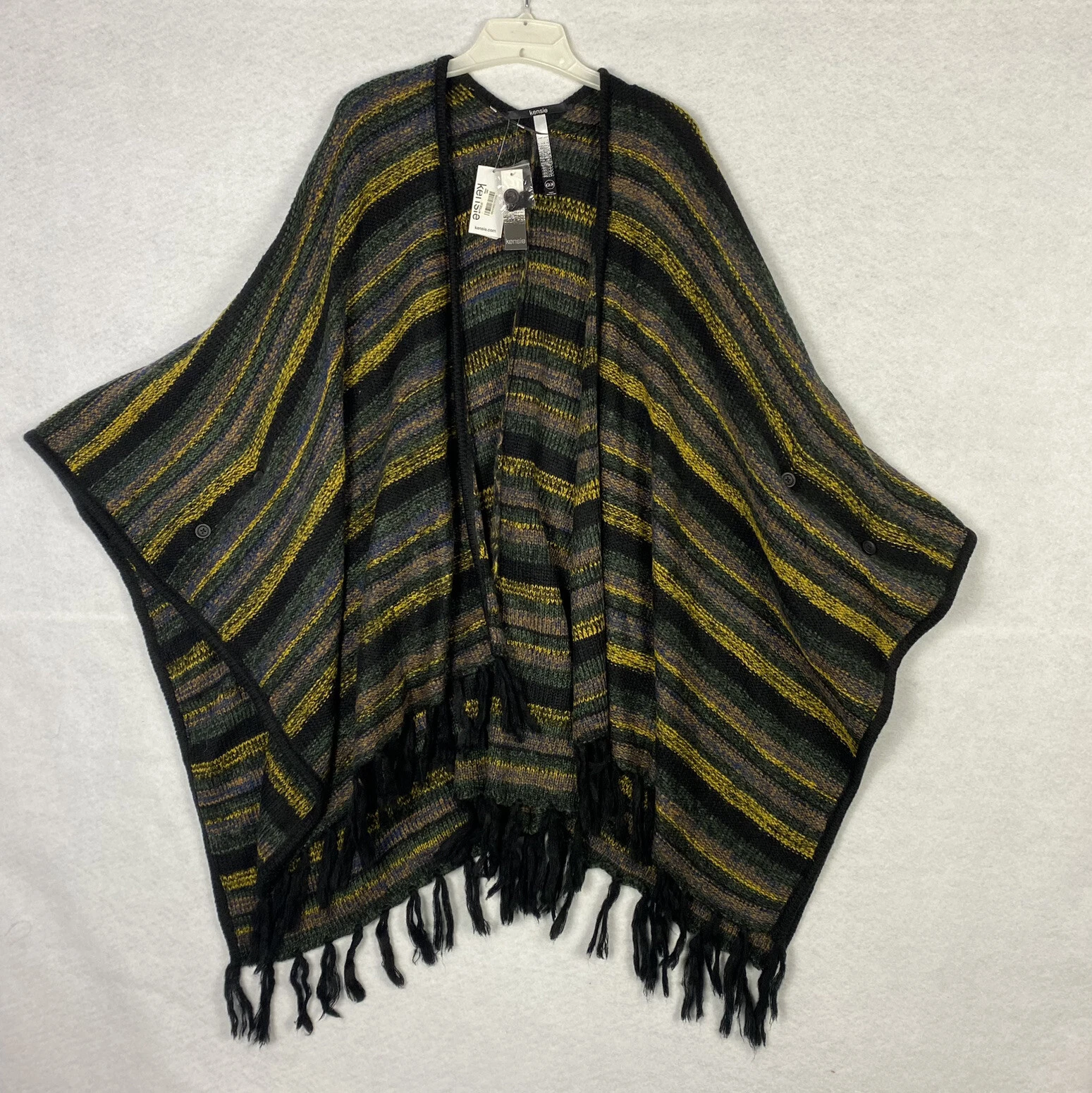 Kensie Women's Poncho Cardigan Black Combo Fringe Knit Size OS Striped NWT