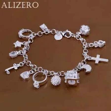 ALIZERO 925 Sterling Silver Thirteen Pendant Charm Bracelets Chain Women Jewelry