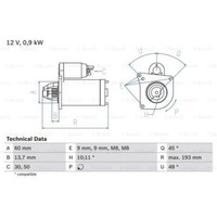 Bosch Anlasser Starter 0.9Kw FüR Peugeot 207 CC Mini Mini Cabriolet