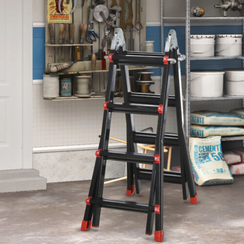 Telescopic Ladder 4m Extendable Aluminium Anti-Slip Pedals Multi-Purpose Black - Picture 2 of 12