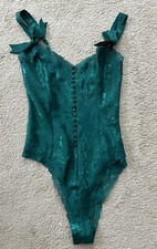 Vintage Victoria  s Secret Dark Green Satin Pattern Teddy Bows Buttons Lace Zip M