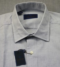 David Donahue Logo Men Blue Micro Checker 100% Cotton Dress Shirt NWT 17 XL $135