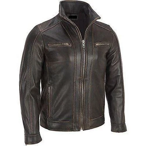 Men s BLACK Rivet Leather Faded Seam Jacket Genuine Leather Jacket