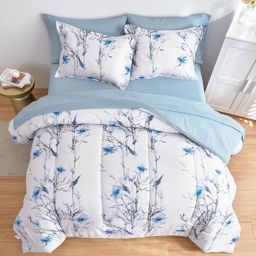Elegant 7-Piece King Bed in a Bag Floral Comforter Set - Blue & White Design - Picture 5 of 9