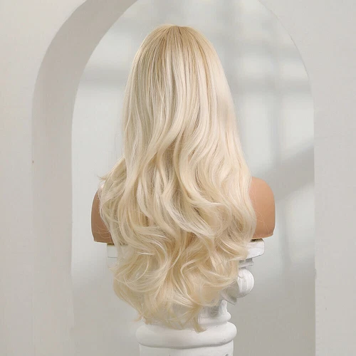 Pelucas de pelo largo ondulado rubio platino con flequillo sintético para mujer Fanshion Daliy EE. UU. - Imagen 4 de 23
