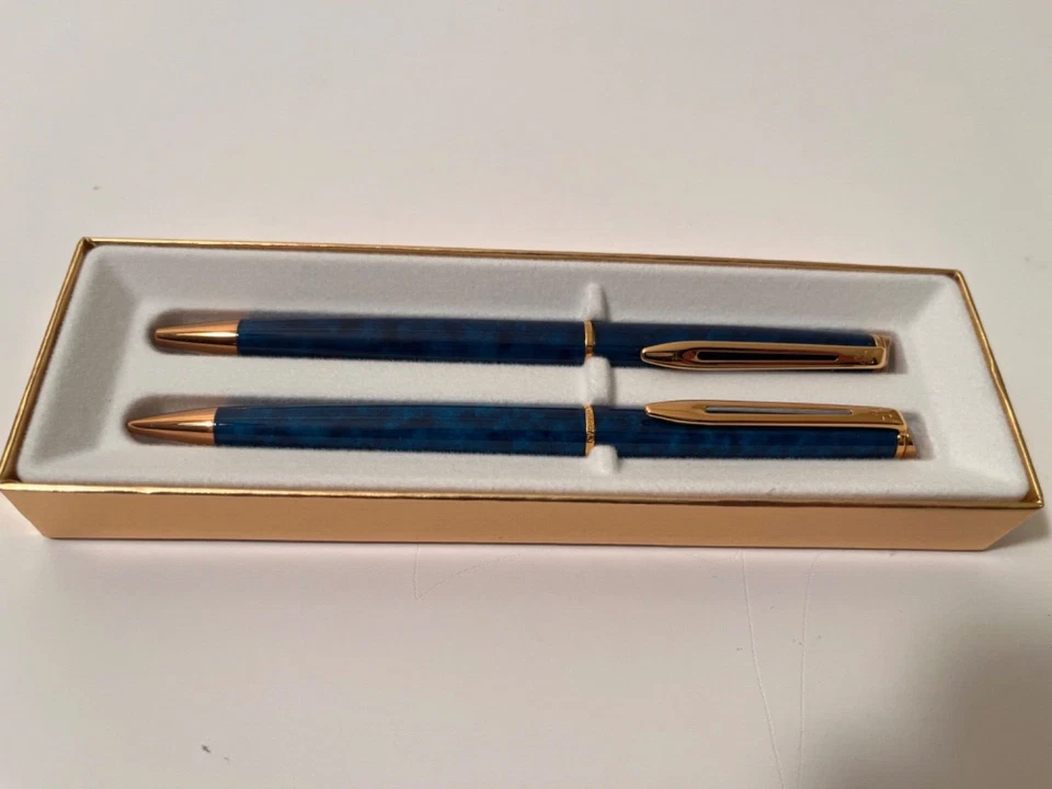 Novo na caixa Waterman caneta/lápis Paris França azul mármore conjunto de escrita luxo - Imagem 4 de 4