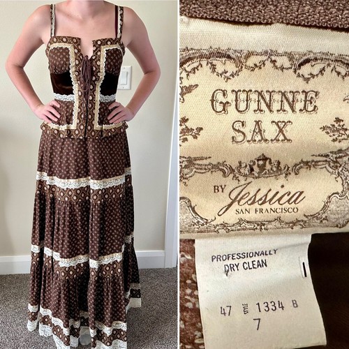 Rare Velvet GUNNE SAX Brown Ivory CALICO MAXI PRAIRIE CORSET DRESS Vintage sz 7
